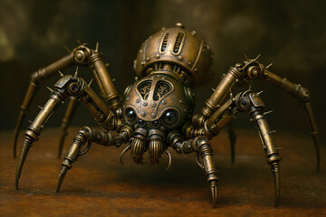 Steampunk mechanical spider robot with brass armor and complex engine of gears inside his body