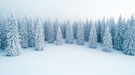 Fototapeta premium Serene aerial view of pristine snow covered pine forest in winter wonderland