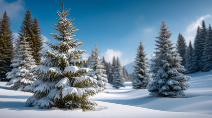 Naklejka premium Tranquil winter landscape of snow-covered pine trees in a serene forest