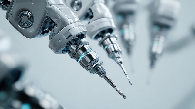 Closeup of robotic surgical instruments during liver operation, isolate white background