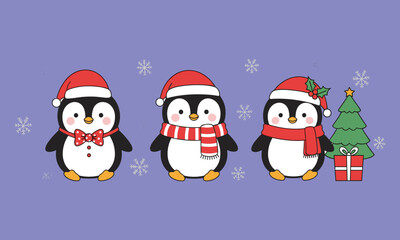 Three Cute Cartoon PeTie on a Lavender Background with Snowflakes, Christmas, Winter Holiday, Vector