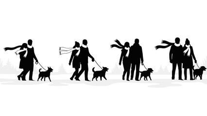 Silhouette collection of couple walking dog in winter scarf
