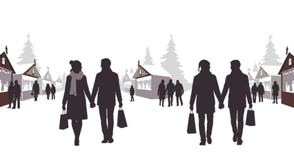 Silhouettes of couples shopping at a festive winter market