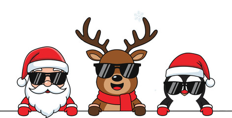 Cool Cartoon Santa Claus, Reindeer, and Penguin Wearing Sunglasses and, Winter Holidays, Fun, Humor, Cute © MstMoksada