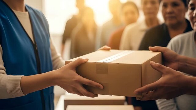 Woman volunteer gives donation box to group of people. Humanitarian aid distribution concept showing charity, help