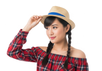 Young Asian woman wearing a straw hat and plaid shirt.