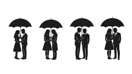 Collection of four couple silhouette icons under umbrella