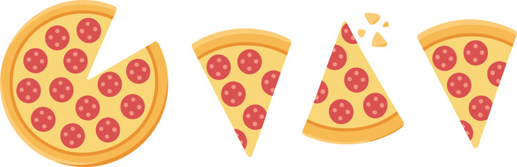 Flat cartoon illustration set of whole pepperoni pizza and slices, including bitten slice, fun food graphics perfect for menus, icons and branding