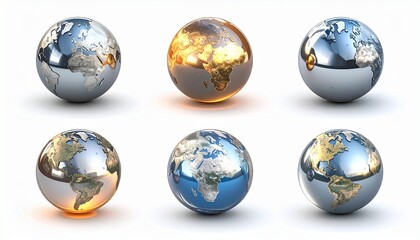 Metallic globe grid with reflective continents and illuminated regions in futuristic blue-gray lighting.