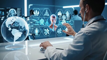 Doctor uses futuristic holographic interface to analyze global health data and human anatomy - Powered by Adobe