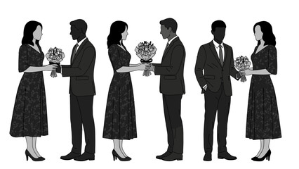 Set of diverse couple silhouette exchanging flower bouquet white