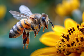 Bee hovering near a vibrant yellow flower in a lush garden during bright daylight hours