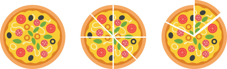 Flat cartoon illustration set of whole pepperoni pizza, sliced pizza, and pizza with missing slice, perfect for menus, food graphics, and branding © Md Golam Shahariyar
