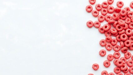 Pile of vibrant red cereal loops against a clean white background with copy space