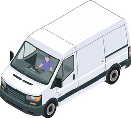 Fototapeta premium Isometric illustration of a white delivery van with driver, modern cargo transport vehicle used for shipping, logistics, courier and transportation services