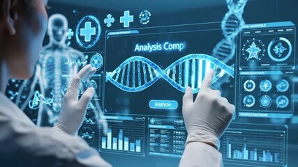 Doctor interacting with futuristic medical hologram display of human organs and dna - Powered by Adobe