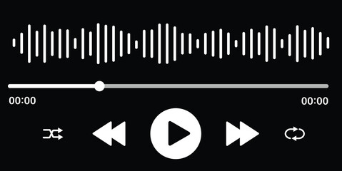 Music or video play bar icon. Audio player for songs or podcast playlist. Play, shuffle, repeat, rewind and fast forward buttons. Template of media player playback panel interface.