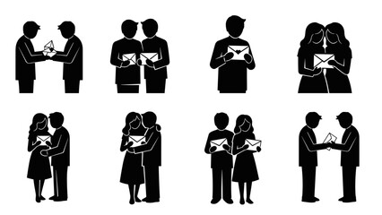 Set of silhouette icons showing people exchanging or holding letter