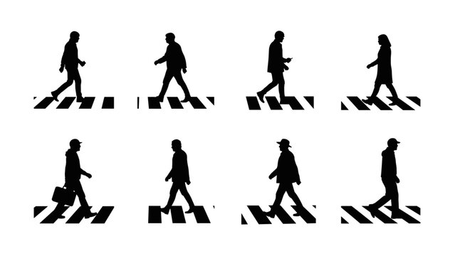 Set of eight black silhouette pedestrian icons crossing street