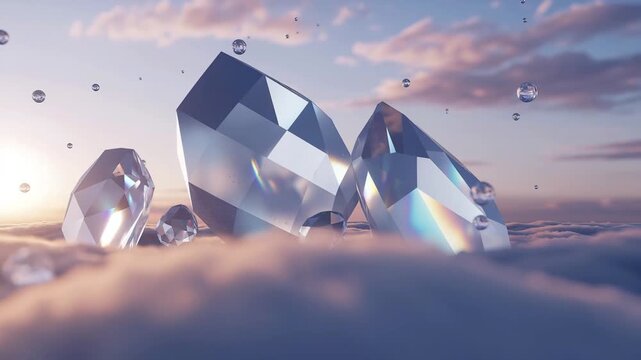 Giant Crystal Geodes Floating On Clouds With Rainbow Refractions At Sunset large