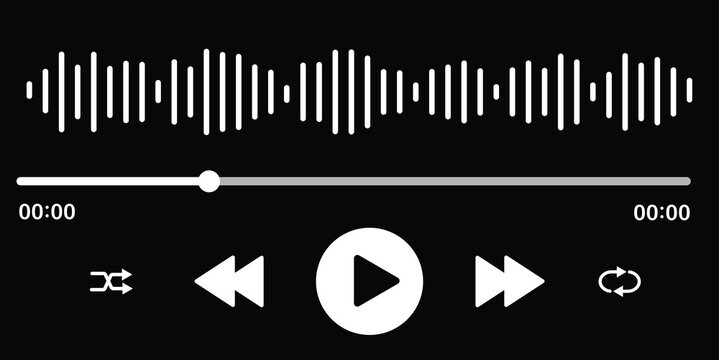 Music or video play bar icon. Audio player for songs or podcast playlist. Play, shuffle, repeat, rewind and fast forward buttons. Template of media player playback panel interface.