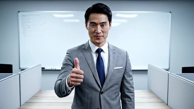 Confident Asian Businessman Thumbs Up in Modern Office Workspace - Success Teamwork and Positive Business Growth Concept