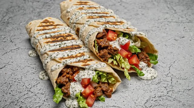 Delicious grilled wraps with meat and fresh vegetables drizzled with creamy sauce on textured background