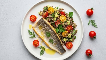 Grilled fish with quinoa salad and cherry tomatoes on white plate