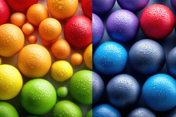 Colorful arrangement of wet balls in various sizes and shades on a split background