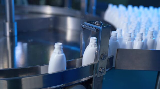 eye drop manufacturing. Ophthalmic drops filling solution, eye ear drop making process in factory. eye drop medicine in plastic bottles on conveyor belt. production of drops in a pharmaceutical line