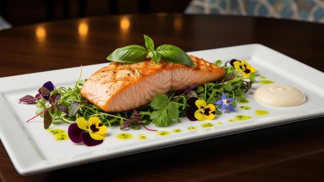 Grilled salmon on herb salad with edible flowers and sauce on white plate - Powered by Adobe