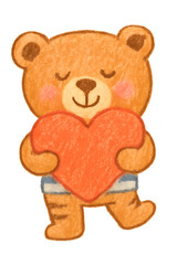 Adorable Hand-Drawn Teddy Bear Illustration for Valentine Greeting Cards &mdash; Cute Brown Bear with Pink Cheeks Standing in Striped Shorts, Holding a Heart with Closed Eyes in a Playful