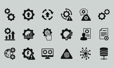 Set of Data, Management, Technology, and Gear Icons Including Arrows, Documents, Fingerprint, Database, and Global Network Symbol, Vector
