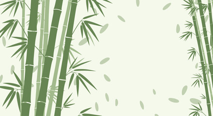 Green bamboo forest background with stalks on both sides and falling leaves creating a central copy space for text or design.