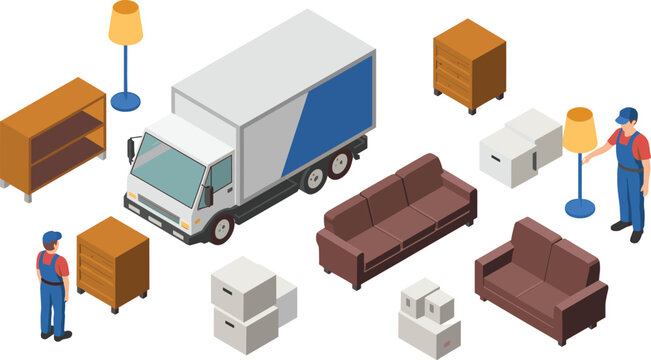 Isometric illustration of moving service workers loading furniture, boxes, sofas, lamps, and cabinets into a delivery truck for home relocation