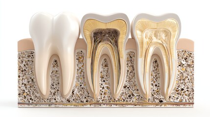 Human teeth enamel and dentin cross-section, isolate white background