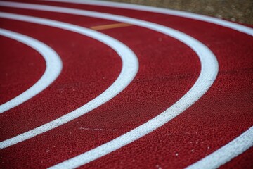 A close-up view of a red athletic track with white lines, showcasing the smooth surface and curved lanes, ideal for running.