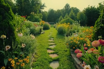 Obraz premium A vibrant garden pathway lined with colorful flowers and greenery, inviting exploration and showcasing nature's beauty.