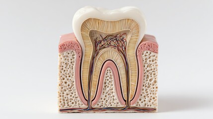 Human tooth cross-section showing enamel and dentin, isolate white background