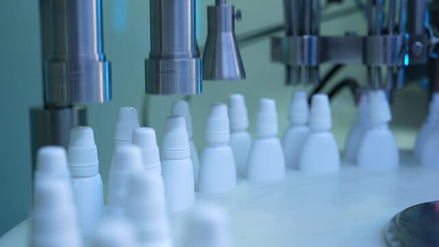eye drop manufacturing. Ophthalmic drops filling solution, eye ear drop making process in factory. eye drop medicine in plastic bottles on conveyor belt. production of drops in a pharmaceutical line