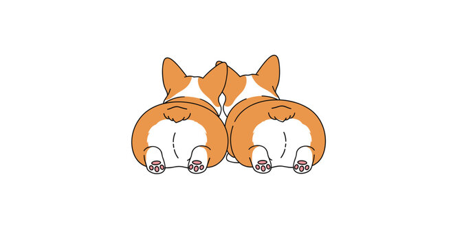 Minimalist and funny illustration of two cute cartoon corgi dog butts seen from behind isolated on a clean white background.