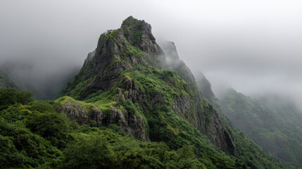 A dramatic mountain peak covered in lush green vegetation rises majestically into a misty sky, creating a scene of natural beauty and peaceful isolation in nature.