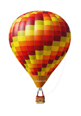 Fototapeta premium a large, photorealistic hot air balloon with vibrant orange, yellow, and red geometric patterns, isolated on a transparent background, studio lighting. concept of travel and optimism