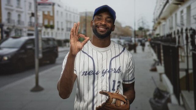 Man in baseball jersey and cap makes ok sign with right hand while holding glove and ball on street; confidence sportsmanship.