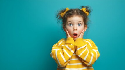 Child stands against a teal background with hands on cheeks and a clear look of surprise on the face.