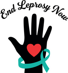 Obraz premium End leprosy now awareness illustration featuring a stylized black open hand, a vibrant red heart for compassion, and a teal ribbon symbolizing global support and urgent action for hansen's disease.