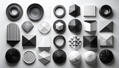 Monochrome 3D geometric grid with spheres, cubes, pyramids, and polyhedra on light surface.