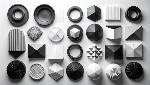 Monochrome 3D geometric grid with spheres, cubes, pyramids, and polyhedra on light surface. - Powered by Adobe