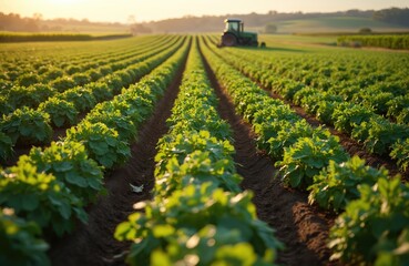 Farm scenery shows cultivated field with rows of green tomato bushes. Tractor works at backdrop. Agriculture production of tomatoes in countryside on sunset. Farmland landscape with agriculture