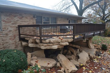 A house with a partially collapsed deck, supported by rocks, showcasing structural damage amid fallen leaves and trees.